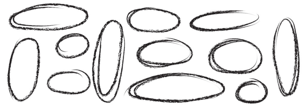 Hand drawn black crayon ovals and circles set. Ellipses in red pencil doodle style. Round freehand shapes, emphasis highlights.