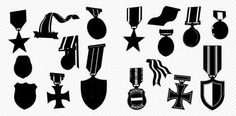 Naklejka premium A collection of black silhouettes depicting various military medals and ribbons against a white background.