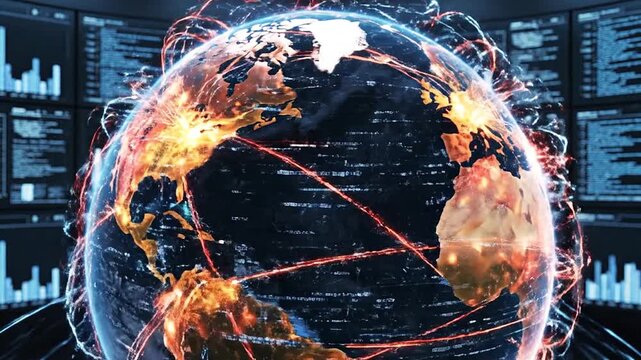 Display panels show a heatmap of network activity across the globe.