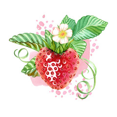 A red, juicy strawberry with a green leaf against a pink splash of strawberry juice or yogurt. A beautiful berry design. Summer red berries. Sweet ripe strawberry. Hand drawn watercolor illustration