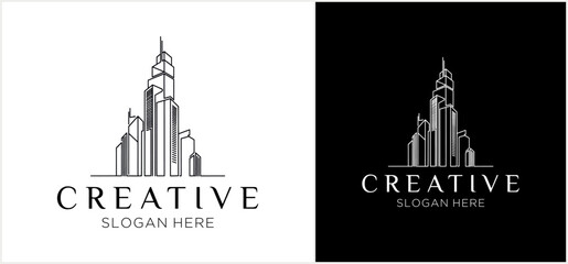 A minimalist line art logo of a city skyline with skyscrapers, shown in black and white versions.