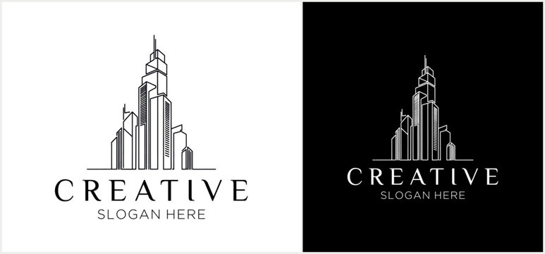 A minimalist line art logo of a city skyline with skyscrapers, shown in black and white versions.