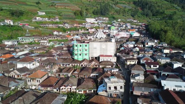 Cinematic drone view of the Nepal Van Java village landscape in Central Java, Indonesia, captured in 4K.