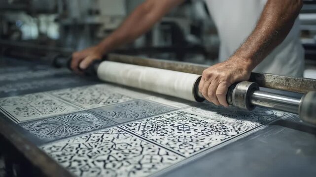 Medium shot of a technician adjusting rollers to imprint intricate geometric patterns onto a metal sheet for decorative architectural use.