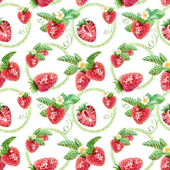 Seamless pattern with strawberries, green leaves, small white flower, openwork circle. Watercolor illustration. Endless pattern is printable. Suitable for wallpaper, fabric, romantic wrapping paper