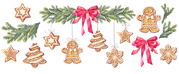 Watercolor set with Christmas tree branch with gingerbread man and star and red bow isolated on white background. Forest frame for card. Hand-drawn clipart for New Year celebration wallpaper