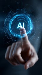 Futuristic Interaction with Artificial Intelligence Interface Depicted by a Human Finger Touching an AI Symbol in a High-Tech Environment