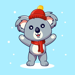 Cute Koala Bear in Winter Hat and Scarf Waving Vector Illustration Cartoon Design