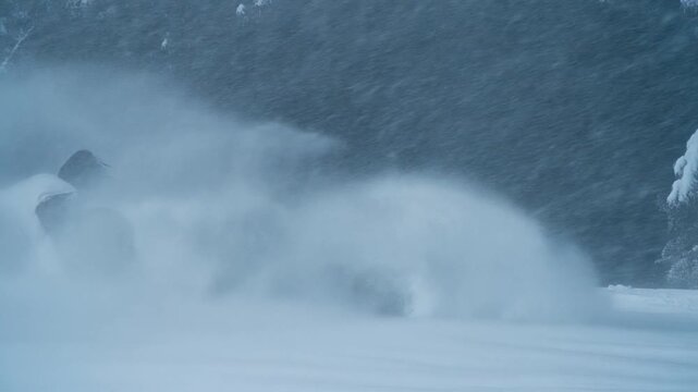 A thrilling blast of fresh powder snow exploding into the air, showcasing the raw power and speed of an extreme winter sport in a cold, snowy landscape