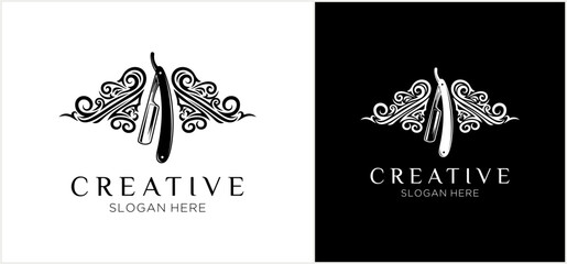 A classic barbershop logo design featuring a straight razor flanked by intricate, swirling ornamental flourishes, shown in black and white variations.