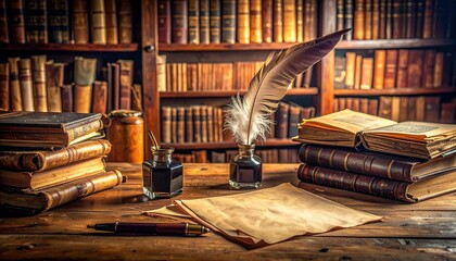 A vintage library scene featuring an antique wooden desk with parchment papers, an inkwell, and a quill feather pen.