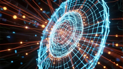 Digital wireframe tunnel with glowing nodes and radiant light beams in a futuristic space