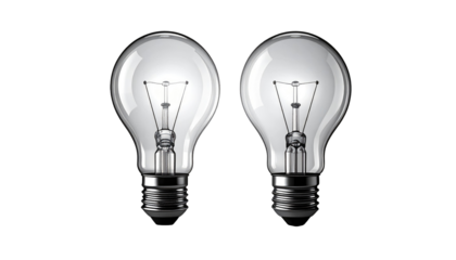 Two clear, incandescent light bulbs shine against a dark background, reflecting light and detail