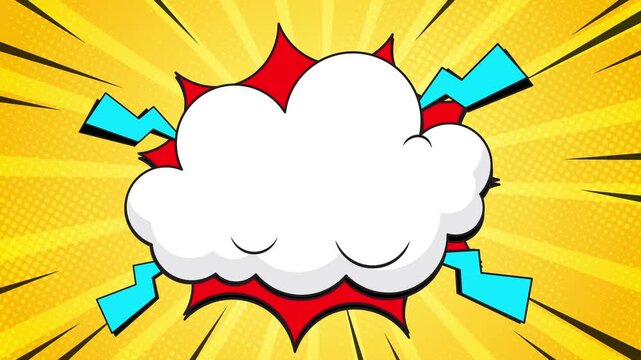 Retro pop comic animation background with explosion frame, bold lightning shapes, and playful cartoon cloud. Ideal for fun intros, kids content, and nostalgic comic style projects