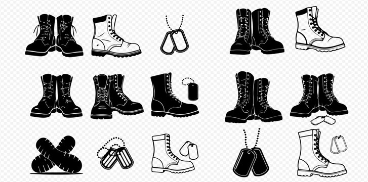 Collection of military boots and dog tags in various styles, including solid black and outline illustrations, suitable for army and veteran themes.