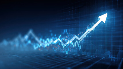 Blue financial chart with rising arrow indicating growth and upward trend in technology driven market analytics and investment confidence