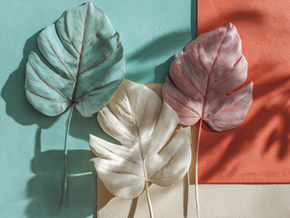 Pastel painted palm leaves on colour blocks realistic photography top view