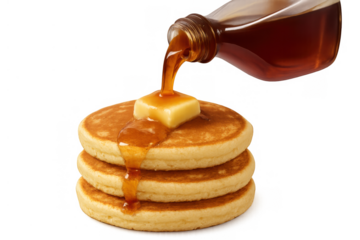 Pancakes stack with butter and maple syrup pouring from bottle, fresh breakfast food isolated on transparent background