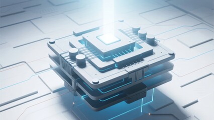 Futuristic multi-layered technological device emitting blue light