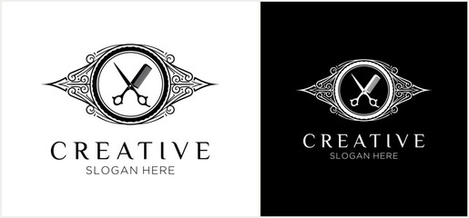 A barber shop logo design featuring scissors and comb inside a decorative oval frame, with the word "CREATIVE".