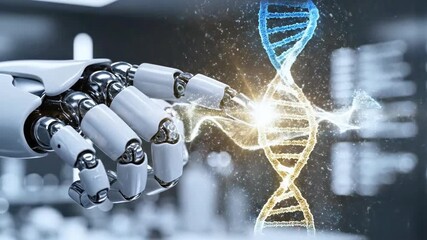 Robotic arm interacts with a glowing DNA strand, futuristic medical concept - Powered by Adobe