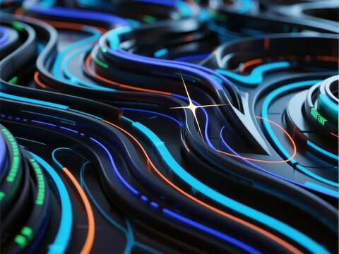 Abstract digital waves with glowing neon lines and dynamic light effects