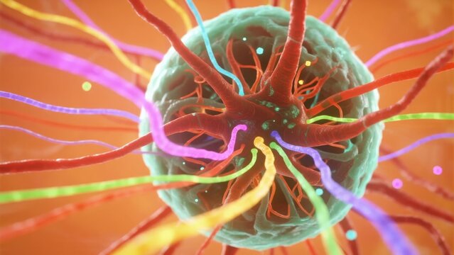Illustration of a neuron cell with colorful axons and dendrites against a warm background - Powered by Adobe