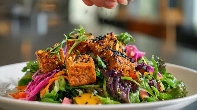 Medium shot of a vibrant salad featuring tofu seitan and tempeh arranged artfully illustrating a diverse selection of complementary plantbased offerings in a bright dining area.