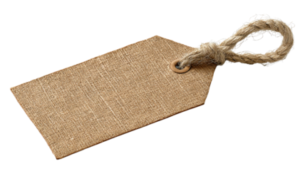 Blank burlap tag with natural jute rope and wood eyelet on transparent background, space for copy