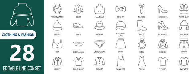 Editable line icon set featuring 28 essential clothing and fashion items, perfect for modern e-commerce and UI/UX design.