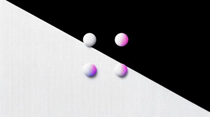 Four spheres with gradient colors are arranged on a diagonal black and white background, creating an abstract and modern composition.