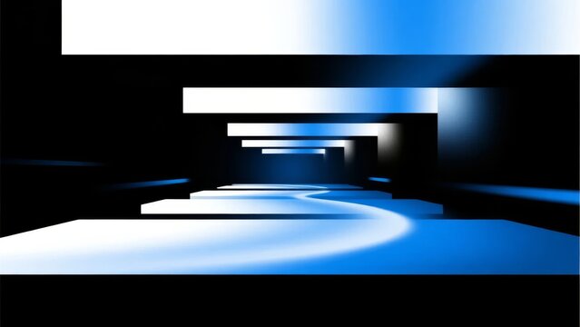 Abstract blue tunnel with glowing light pathways and geometric shapes