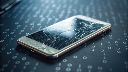 A cracked smartphone lies on a dark background filled with binary code, symbolizing technology's fragility and the impact of digital issues.