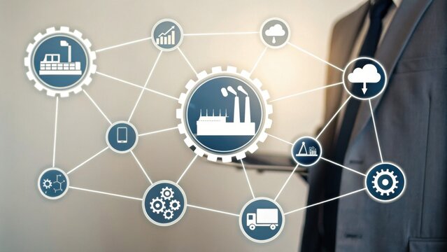 A digital representation of industrial connectivity, showcasing various sectors linked by technology and data analytics. - Powered by Adobe
