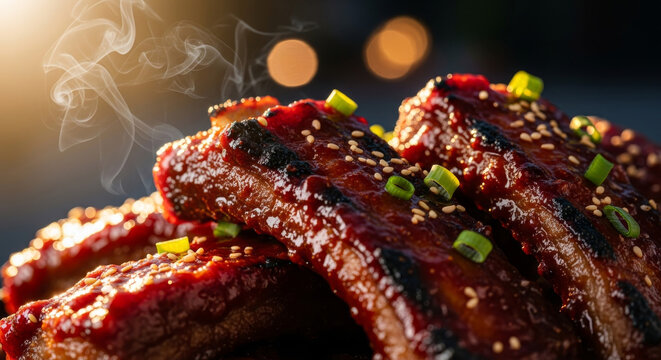 Grilled BBQ Ribs with Sesame Seeds and Green Onions.