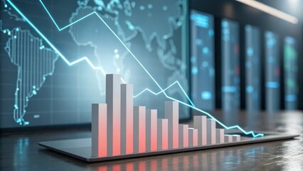 A digital visualization of declining financial data, featuring a bar graph and a world map background, illustrating market trends.