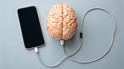 A smartphone connected to a brain model with a cable, symbolizing the integration of technology and human cognition.