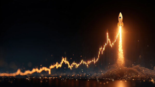 Glowing cryptocurrency price chart rising sharply with rocket launch motif conveying rapid growth and bullish momentum in dark financial scene