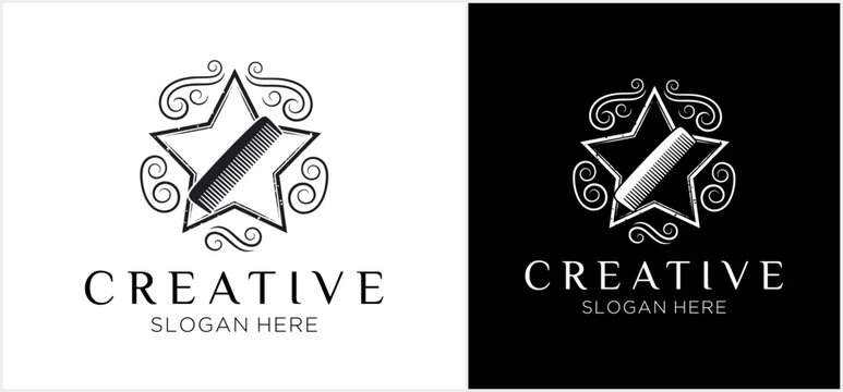 Elegant star and comb logo design with decorative swirls, presented in both light and dark versions for a creative brand identity.
