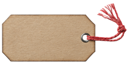 Blank brown kraft paper tag with red string and metal eyelet, presenting space for text, price, or message on transparent background