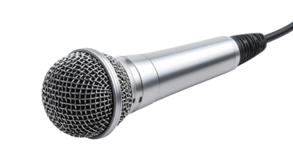 Shiny, silver microphone with a black wire sits diagonally against a black backdrop, ready to capture sound