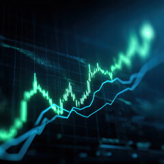Green stock chart line rising against dark financial graph background with glowing candlestick pattern and trendline indicating market growth and dynamic trading sentiment