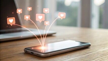 A smartphone on a wooden table displaying social media notifications with heart icons, symbolizing engagement and online interaction.