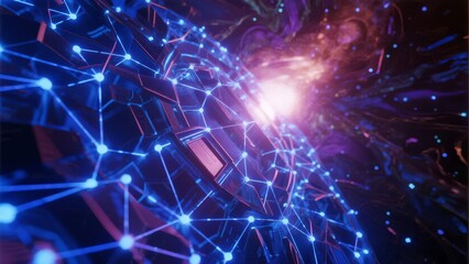 Abstract digital network structure with glowing nodes and cosmic background