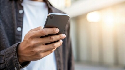 A close-up of a person holding a smartphone, with a blurred urban background, suggesting a modern lifestyle focused on technology and communication.