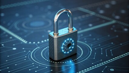 A futuristic padlock sits on a digital circuit board, symbolizing security and technology in a modern context.