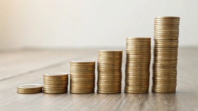 A close-up of stacked coins in ascending order, representing growth, savings, or investment on a wooden surface.