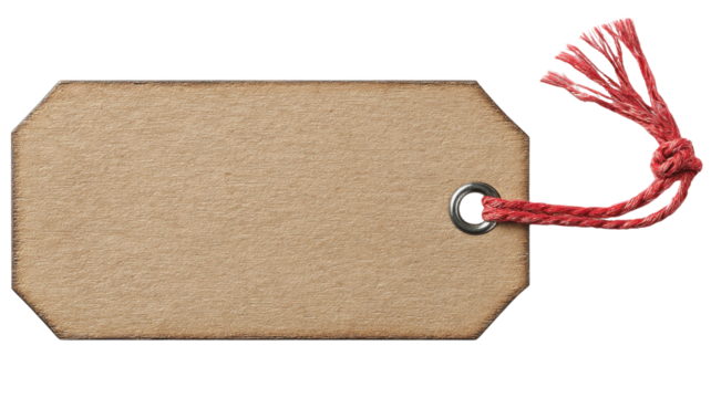 Blank brown kraft paper tag with red string and metal eyelet, presenting space for text, price, or message on transparent background