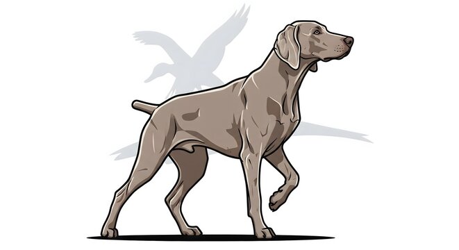 An elegant illustration of a purebred Weimaraner hunting dog in a classic pointing pose, isolated on a white background