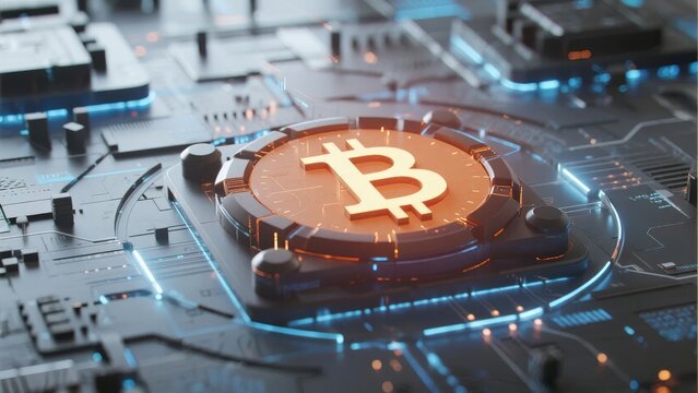 Digital Bitcoin symbol embedded in a futuristic circuit board with glowing blue and orange elements